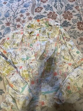 White Stag Cream Blouse with Mint, Coral and Yellow City Sketch Print
